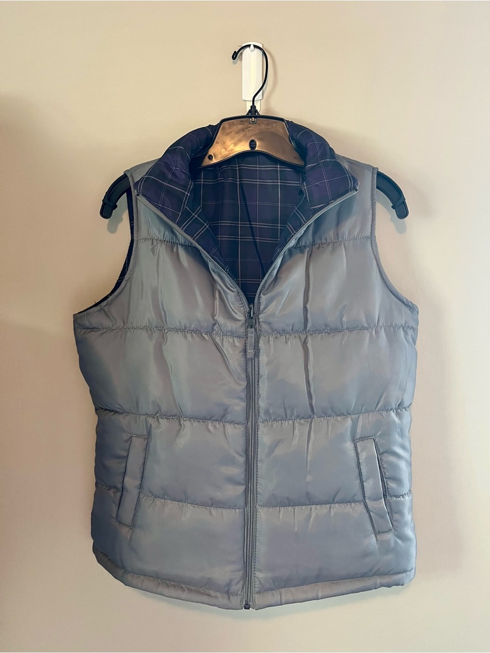 Reversible Merona Light Gray & Purple Plaid Puffer Vest